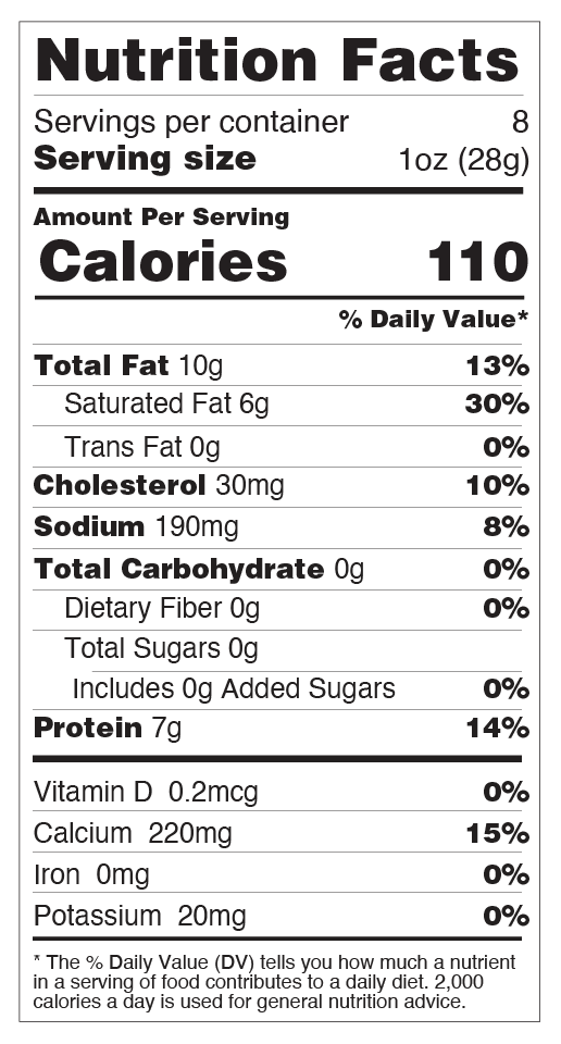 Nutrition facts for XXX-Sharp White Cheddar