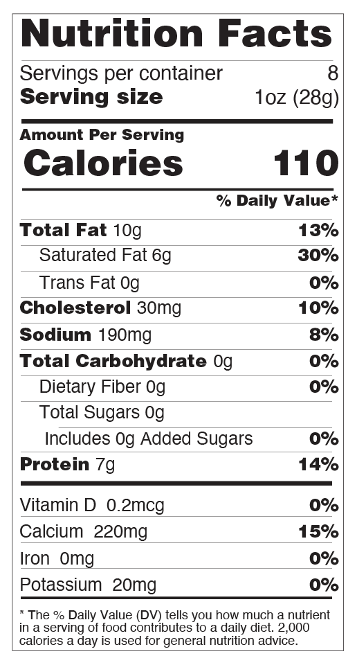 Nutrition facts for XXX-Sharp Yellow Cheddar