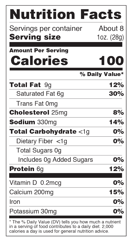 Nutrition facts for Buffalo Wing Hot Sauce Cheddar