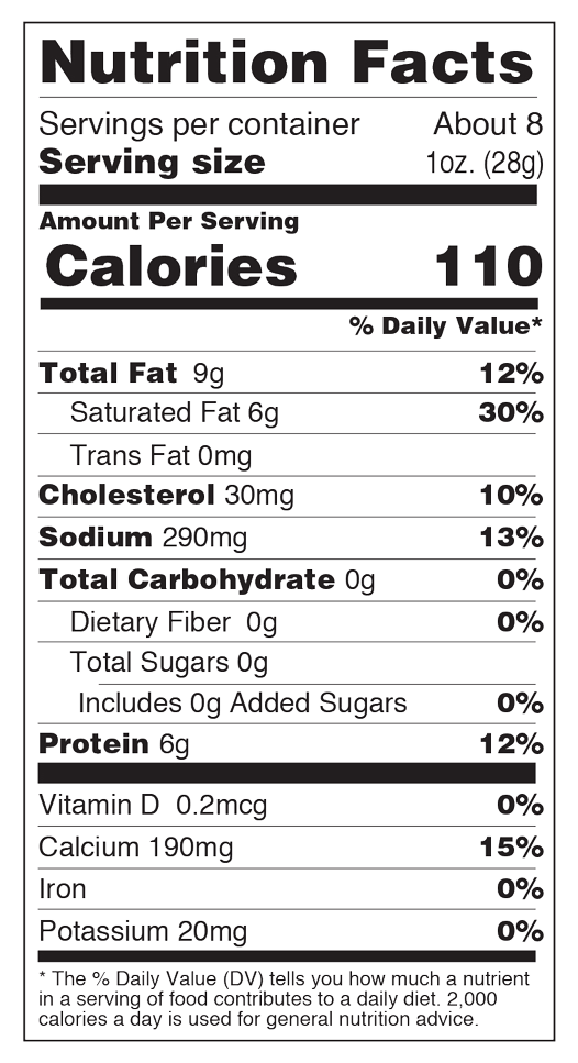 Nutrition facts for Champagne Cheddar