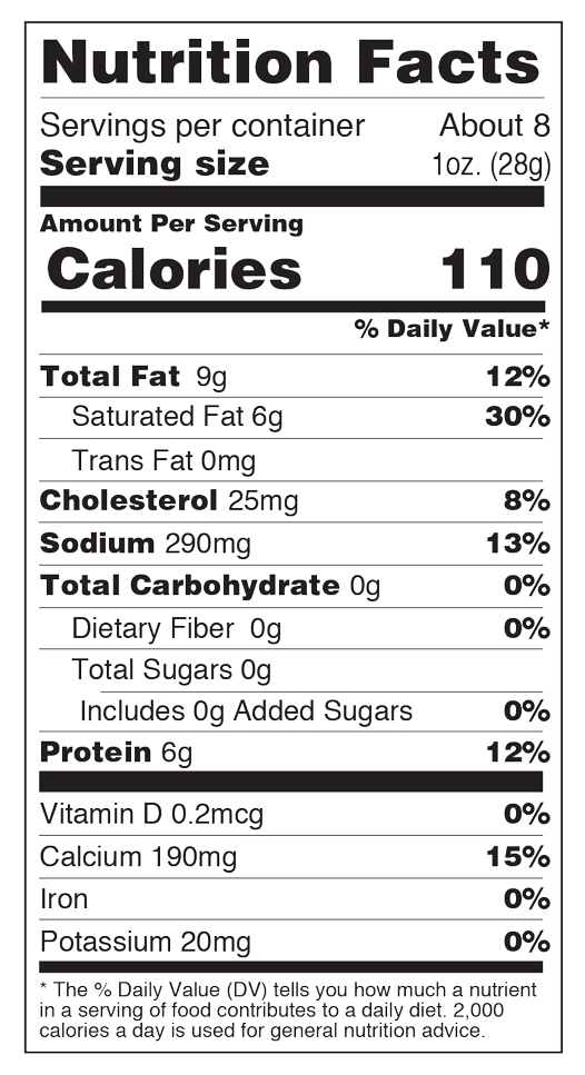 Nutrition facts for Fresh Dill Cheddar