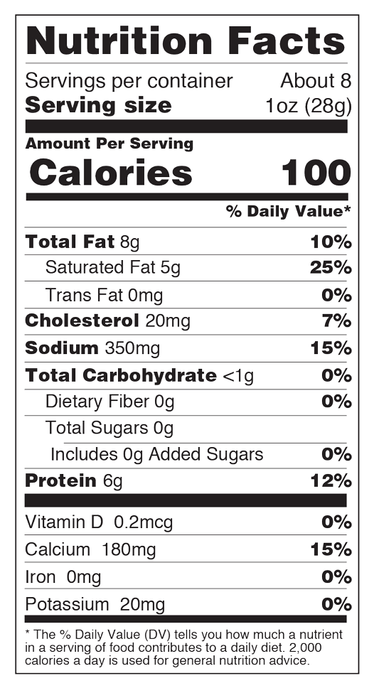 Nutrition facts for Roasted Garlic Cheddar